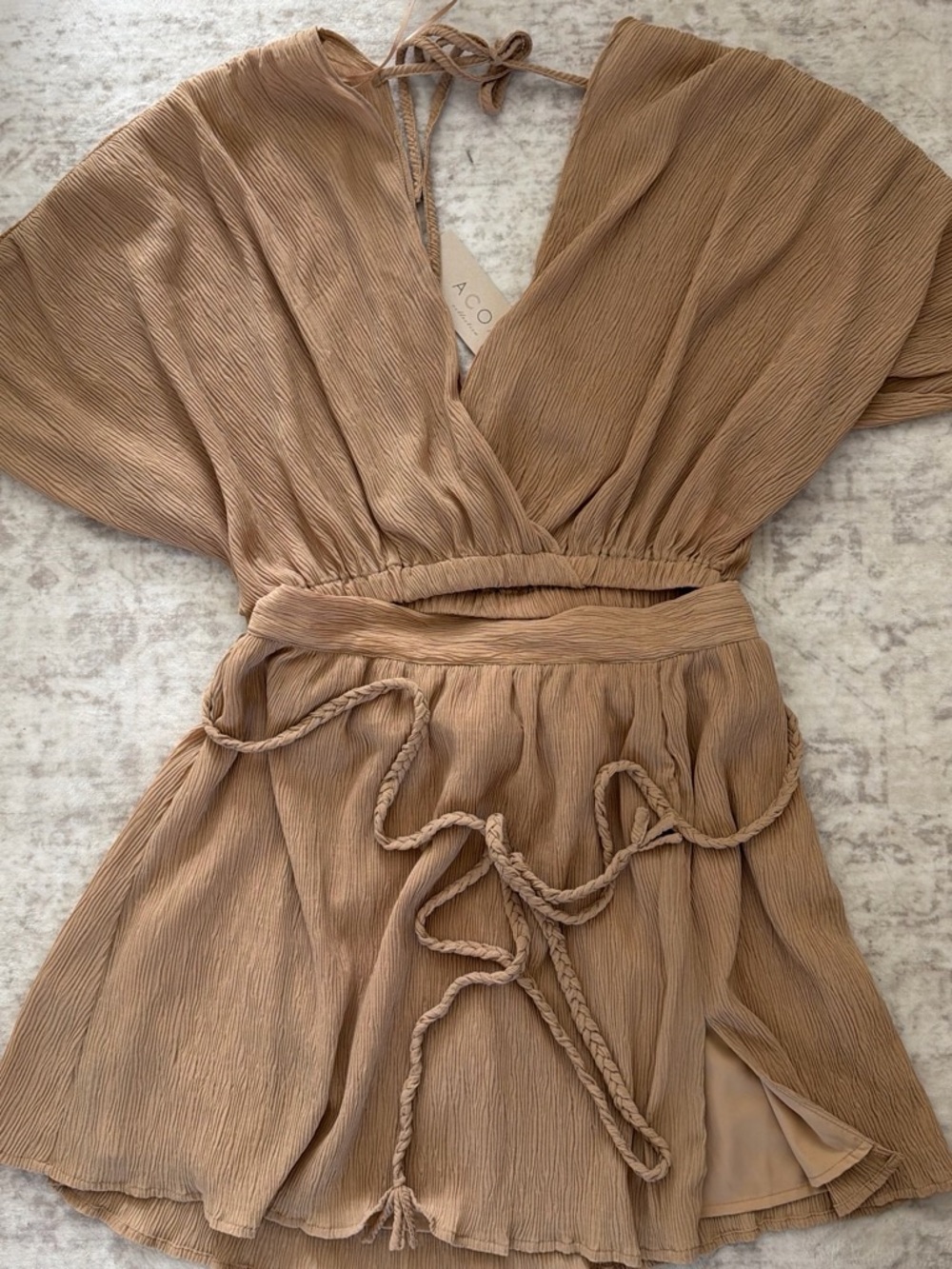 Vici Tan Crinkled Wrap Mini Dress with Braided Tie